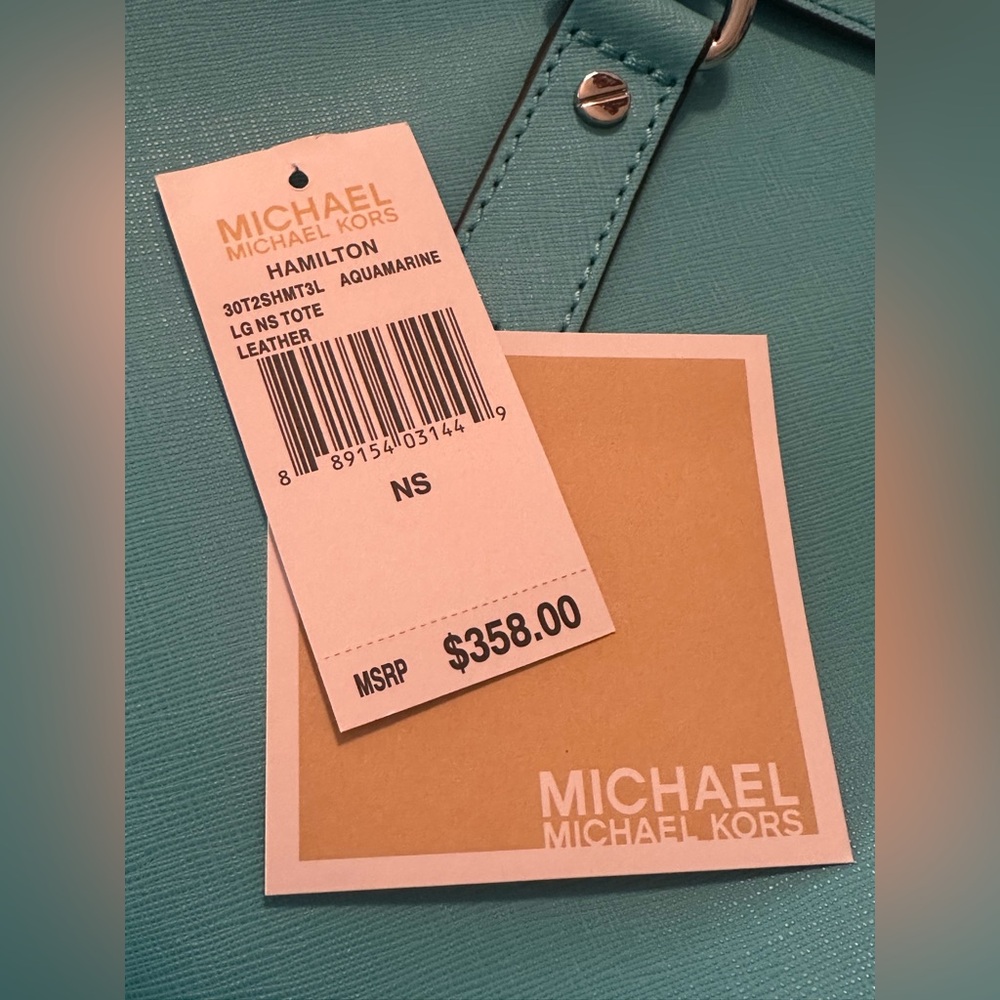 Authentic Michael Kors Aquamarine Large Hamilton Leather Satchel Tote! NWT - Picture 8 of 9